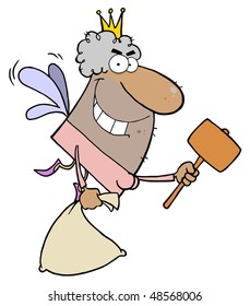 African American Tooth Fairy Flying With A Mallet And Bag