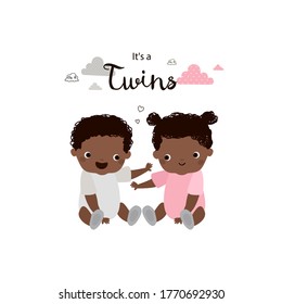 African American Twin Babies. Brother And Sister.  Boy And Girl. Cute Vector Cartoon Illustration. It's A Twins. 