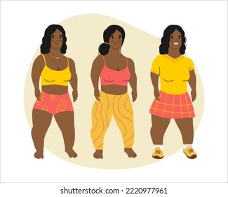 Mujer afroamericana de poca talla aislada de fondo blanco. Carácter femenino con ropa diferente. Movimiento positivo corporal y belleza Diversidad, Igualdad, Inclusión. Ilustración aislada del vector.