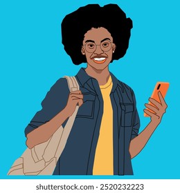 Estudante da Universidade Afro-Americana com bolsa e celular usando óculos