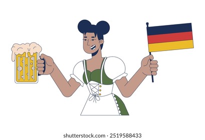 Camarera afroamericana sosteniendo cerveza y bandera del personaje de dibujos animados en 2D de Alemania. Mujer negra en dirndl en oktoberfest persona aislada Vector plano sobre fondo blanco. Ilustración de punto colorido