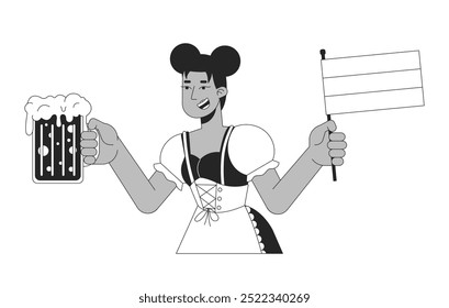 Camarera afroamericana sosteniendo cerveza y bandera de Alemania en blanco y negro 2D línea de carácter. Mujer negra en dirndl en oktoberfest persona de contorno de Vector aislado. Ilustración de punto monocromático