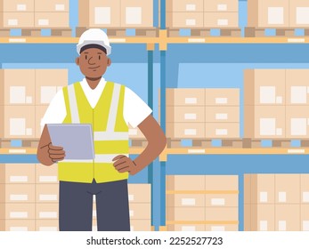 African American warehouse manager with a tablet in his hands against the background of racks with goods. Warehouse logistics worker. Vector illustration in flat style