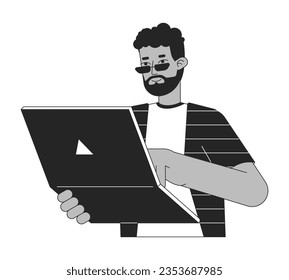 African american web developer flat line black white vector character. Editable outline half body man working on laptop. Simple cartoon isolated spot illustration for web graphic design