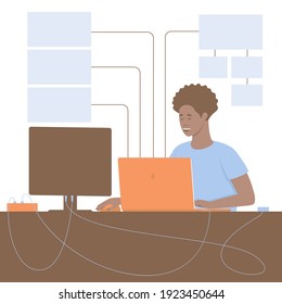 African American web programmer works with the Internet, writes the software component of sites. The programmer develops algorithms and computer programs. Flat vector illustration.