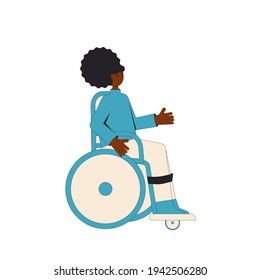 African American Wheelchair Woman. Female Character Wearing In Casual Clothes Sitting In A Wheel Chair Isolated On A White Background. Vector Color Line Illustration. 