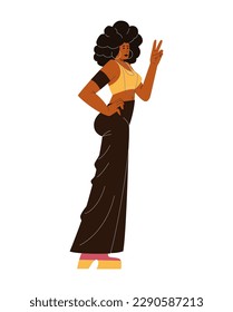 African american woman in the 70s outfit showing peace sign. People from the 70s. Isolated on white.