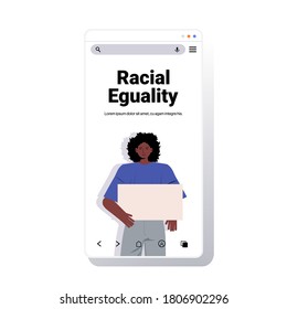 african american woman activist holding blank placard racial equality social justice stop discrimination concept smartphone screen copy space portrait vector illustration