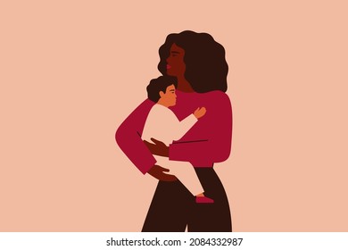 African American Woman Adopted White Baby Boy. Black Female Holds And Embraces Her Child With Love And Care. Vector Illustration