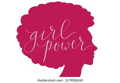 African american woman with afro hair silhouette. Girl power handwritten lettering vector
