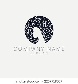 African american woman with afro hair style illustration. Vector logo emblem for beauty industry. Head in circle logotype.