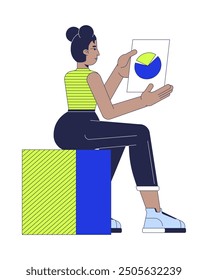 African american woman analyzing pie chart 2D cartoon character. Black female analyst reviewing piechart isolated flat vector person white background. Corporate analytics color spot illustration