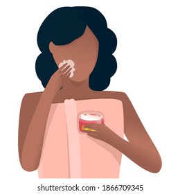 An African American woman applies a moisturizer to her face. The concept of a healthy lifestyle, cosmetology, skin care for the face, eyes, spa treatments. Cartoon flat style