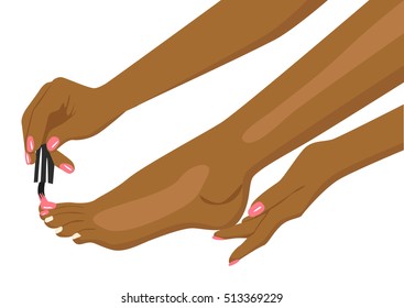 African American Woman Applying Nail Polish On Her Toes Over White Background