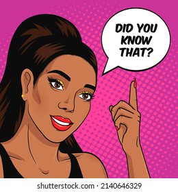 African American woman asking question Did You Know That? Wise woman teaching and explaining facts concept vector illustration in pop art retro comic style