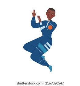 African American Woman Astronaut Character in Space Flying in the Air Vector Illustration