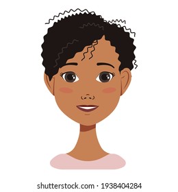 African American woman avatar face icon with black hair with different emotions. Attractive cartoon character. Vector illustration