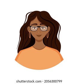 African American woman avatar with glasses. Portrait of a young girl. Vector illustration of a face