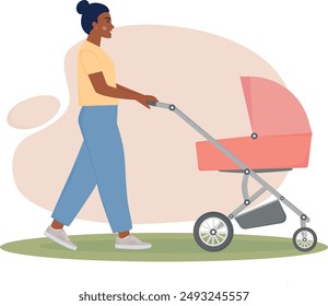 Mujer afroamericana con cochecito de bebé. Mamá feliz caminando con el niño en el carruaje. Madre paseando por el carro. Mamá afroamericana se va, el niño duerme. Ilustración vectorial. 