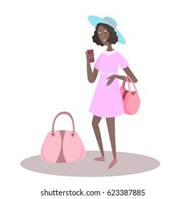 African American woman with bag ready for traveling.Cartoon black character of female adult or student girl. 