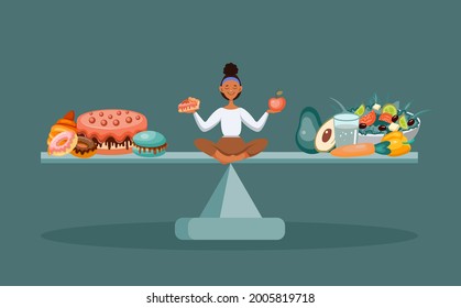 The African American woman balances on the scales between healthy and junk food. Healthy lifestyle concept. Healthy eating. You are what you eat. Vector illustration in cartoon style