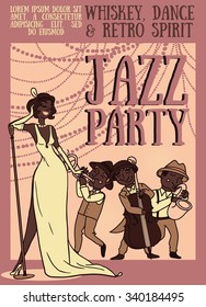 african american woman and band singing jazz music, retro party poster, vector illustration