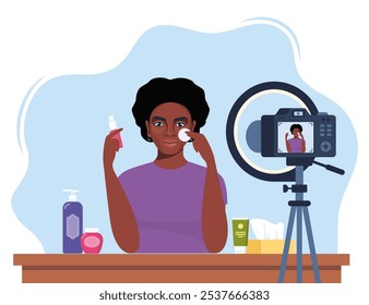 African American woman beauty blogger recording skin care tutorial video for her vlog. Girl talking and showing cosmetic products in front of camera. Vector illustration