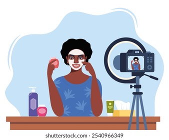 African American woman beauty blogger recording skin care tutorial video for her vlog. Girl talking and showing cosmetic products in front of camera. Vector illustration