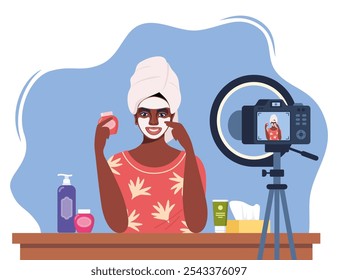 African American woman beauty blogger recording skin care tutorial video for her vlog. Girl talking and showing cosmetic products in front of camera. Vector illustration