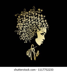 African American Woman With Big Volume Afro Hairstyle And Bold Makeup, Wearing A Wig Made Of Flowers.Beauty And Style Vector Icon.