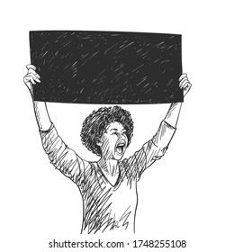 African american woman with black banner is screaming during protest. Vector sketch, Hand drawn illustration 