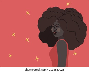 African American Woman With Black Curly Hair, Fluffy Hairstyle. Strong Woman In Red Dress. Poster For International Women's Day, Womens History Month. Feminism, Equality Concept. Vector Illustration