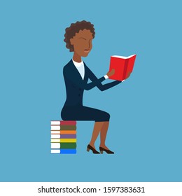 African American woman in a blue suit with open book in hands. Student sits on a pile of multi-colored books. A girl is reading a book with a red cover. Teacher keeps the open book in front by myself.