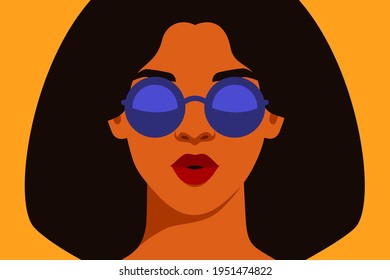 African American woman in blue sunglasses looks surprised. Black astonished girl on a yellow background, front view. Vector illustration. Summer concept