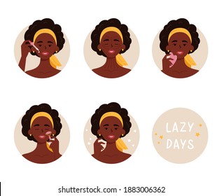 African American woman with bottle of face oil, facial gua sha stone and roller. Instructions for facial massage with massage lines. Anti-aging skin care method step by step. Vector illustration. 