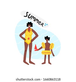 African American woman with African American boy. Flat hand drawn illustration of family. Summer concept vector illustration