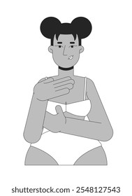 African american woman in brassier examining breast black and white 2D line character. Mastopathy detection. Black female touching chest isolated vector outline person. Monochrome spot illustration