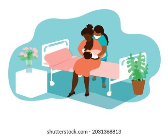 African American woman breastfeeding her newborn baby. The nurse helps her to attach the baby to the breast. Lactation support, information about the postpartum period. Vector illustration EPS10