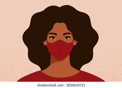 African American woman breathing through a face protective mask to protect against coronavirus and air pollution, fine dust, smog. Health care and medical concept. Vector illustration.