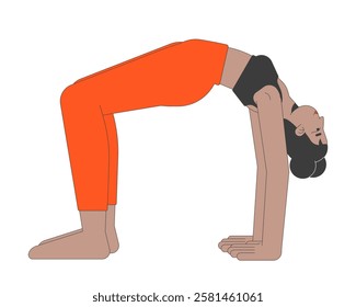 African american woman in bridge yoga pose 2D cartoon character. Flexibility. Black female wearing leggings and sports bra isolated person flat vector on white background. Spot illustration colorful