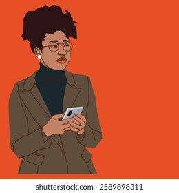 An African American woman in brown suit and afro hair holding a cell phone