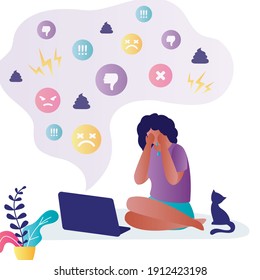 African american woman is bullied on social media. Female character being abused online. Concept of cyber bullying and violence in internet. Girl crying in front of laptop screen. Vector illustration