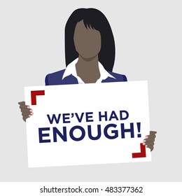 African American woman in business suit holding protest sign