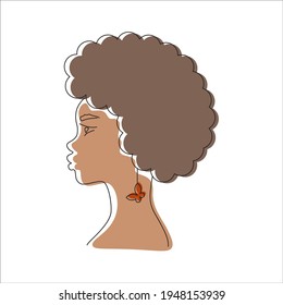 African American woman with a butterfly earring. Line art female portrait with abstract shapes inside. Curly hair. Abstract woman. Vector illustration isolated on white background.