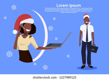african american woman call center operator businessman support service concept merry christnmas new year holiday celebration horizontal copy space flat vector illustration