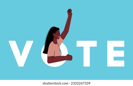 African american woman calls to vote. Election and suffrage women concept. Right to vote in elections. Struggles for rights. Woman raised her hand in call for support near big letters of word Vote.