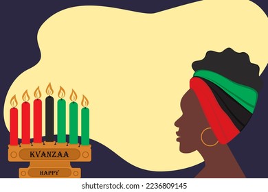 African American woman and candelabra with candles in color of Africa and Happy Kwanzaa inscription