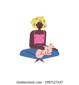 African american woman cartoon character sitting on floor and stroking a cat, sketch vector illustration isolated on white background. Domestic animals and his owners.