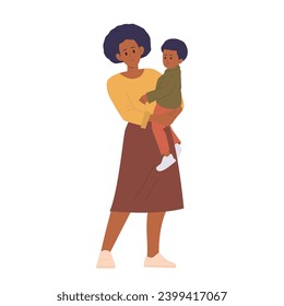 African American woman cartoon character holding child, loving mother carrying son in hands
