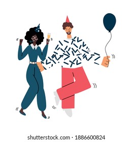 African american woman and caucasian man in birthday hats dancing with balloons, sketch vector illustration isolated on background. Cheerful diverse people characters.